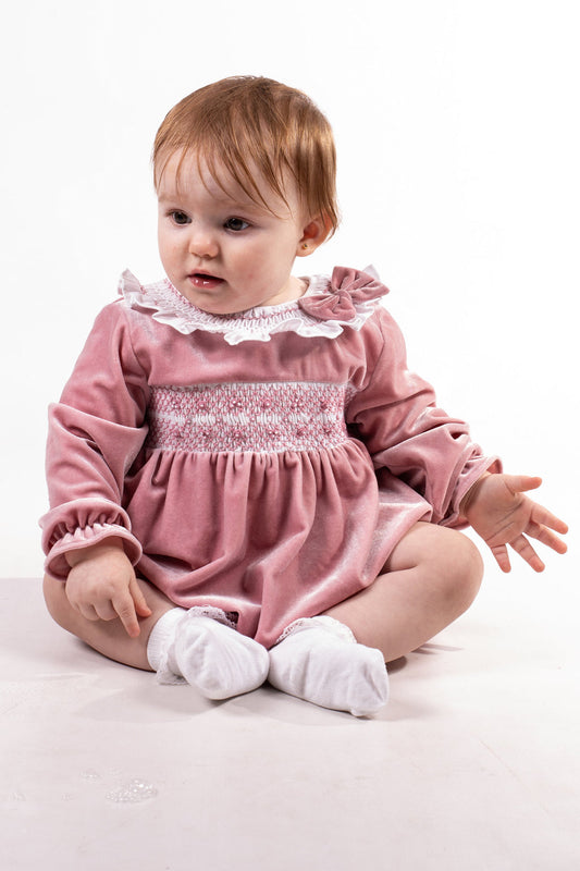 Baby girls pink velour smocked romper