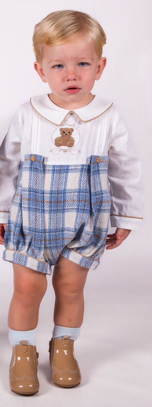 Boys Blue Checked Teddy Romper