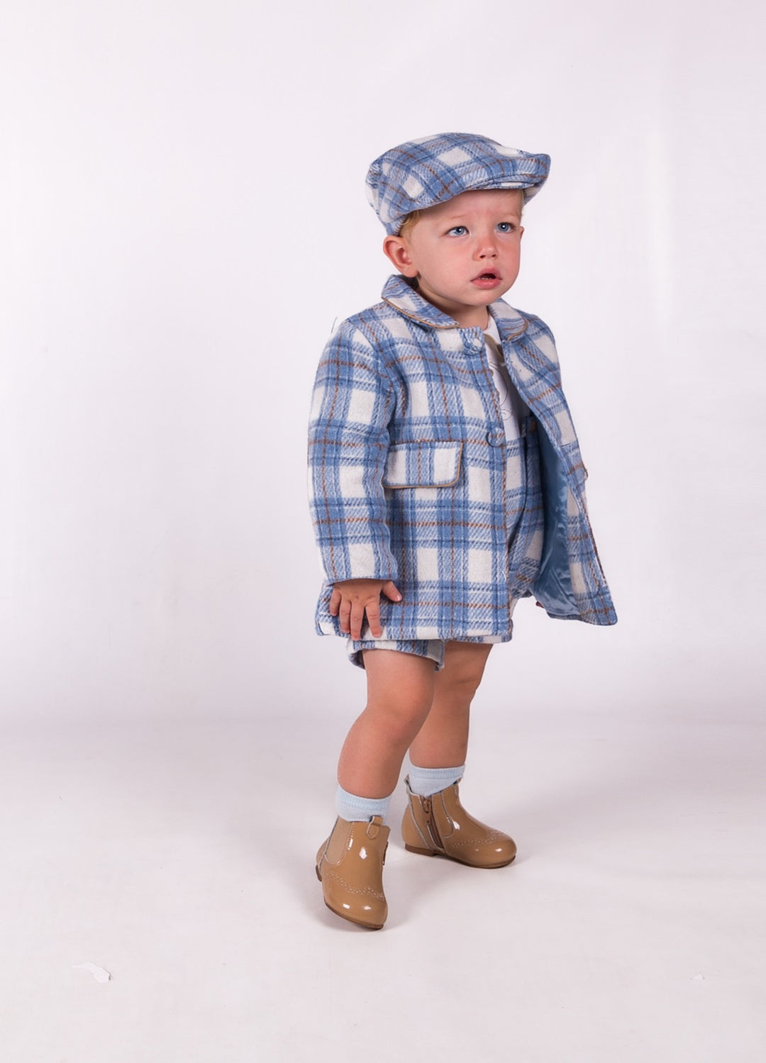 Boys Checked Blue Coat & Hat Set