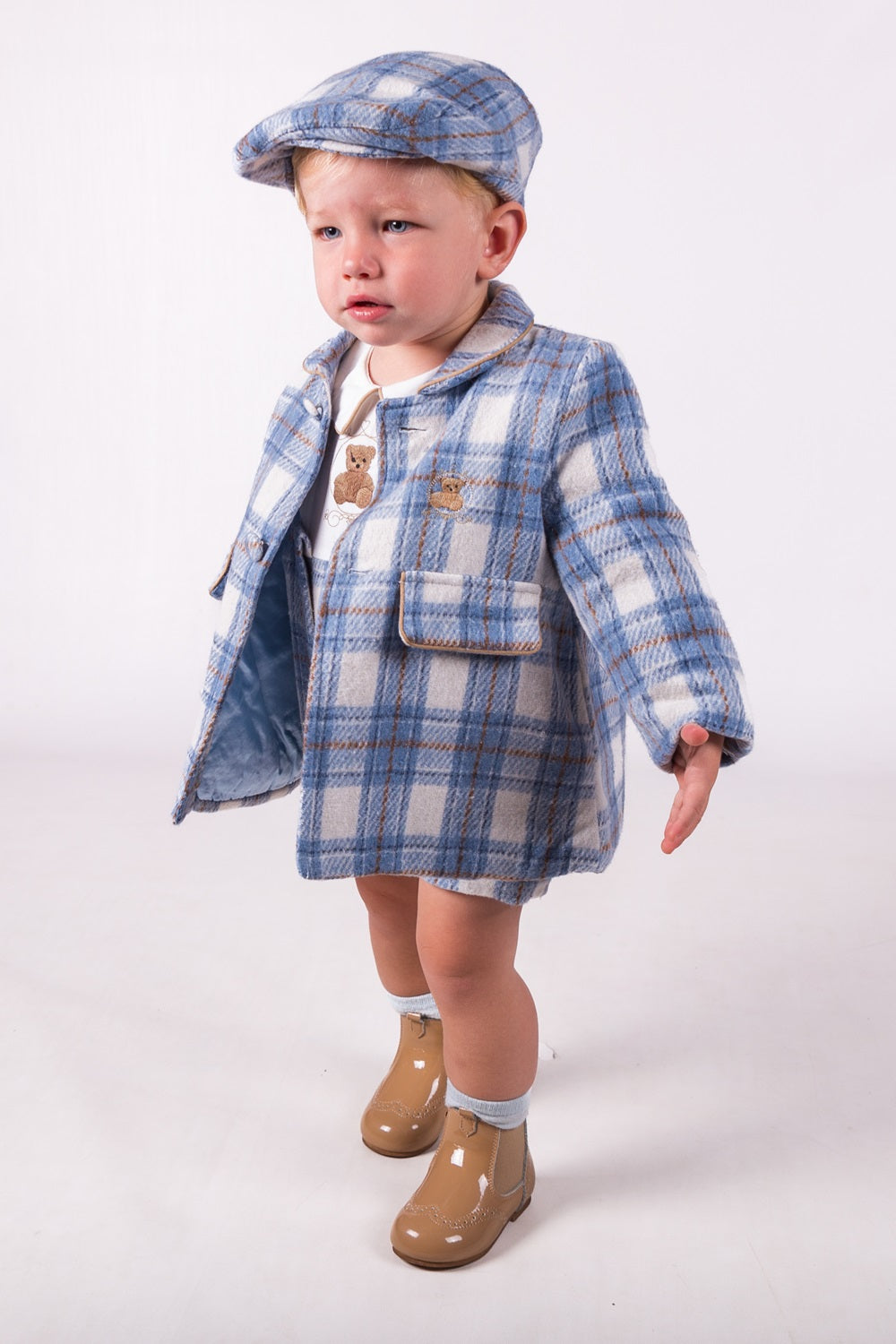 Boys Checked Blue Coat & Hat Set