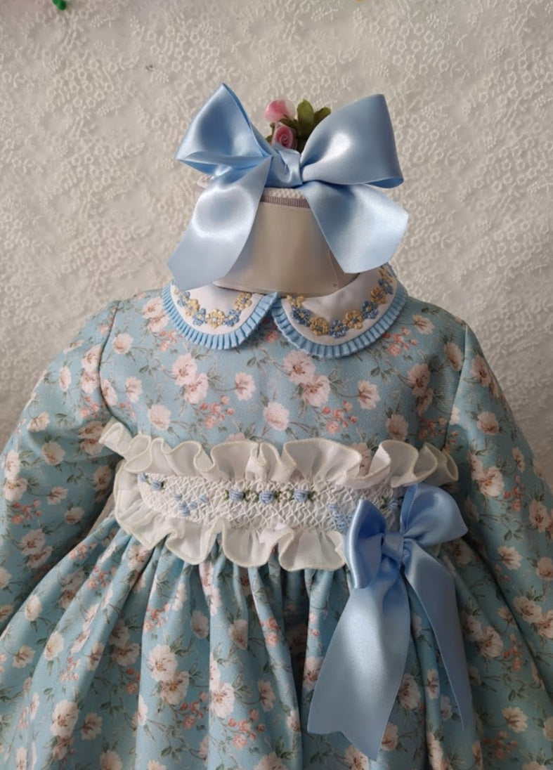 Sonata Blue Floral Smocked Dress (Made to order)