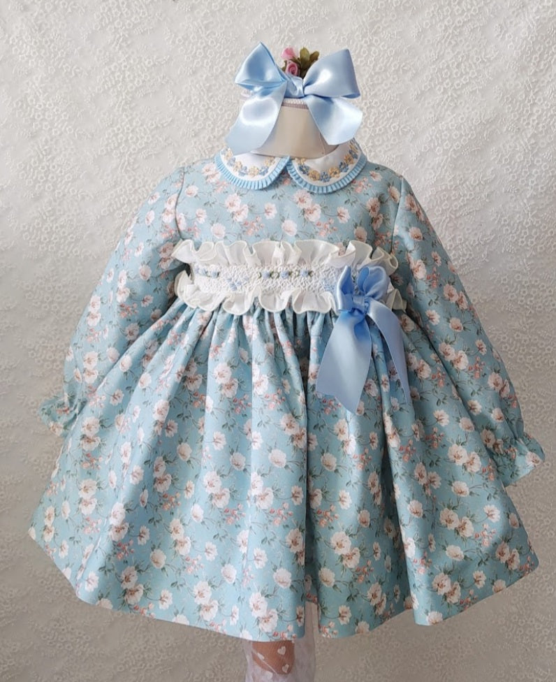 Sonata Blue Floral Smocked Dress (Made to order)