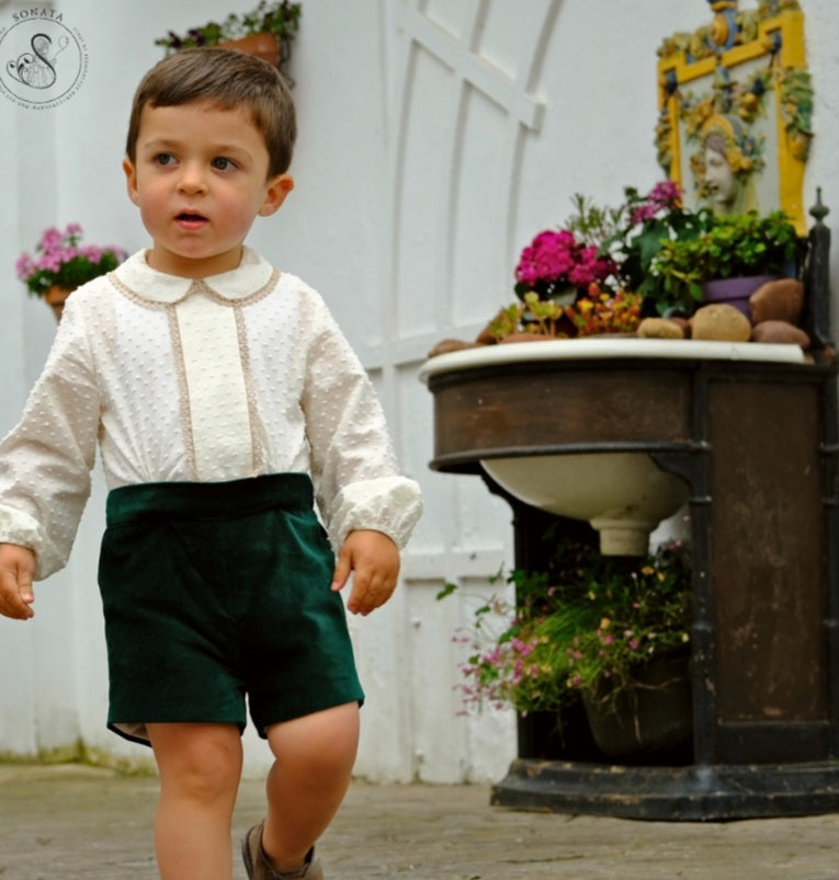 Sonata Boys Green Velvet Shorts & Shirt Set (In Stock 2years)