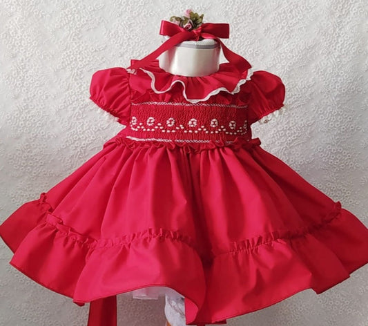 Sonata Red Handsmocked Dress (Made to order)