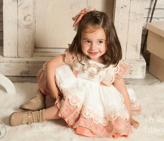 Girls Coral Lace Dress - (Made to order)