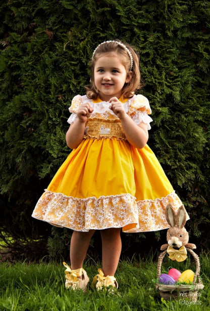 Sonata Girls Yellow Bunny Hand Smocked Dress - (Made to order)