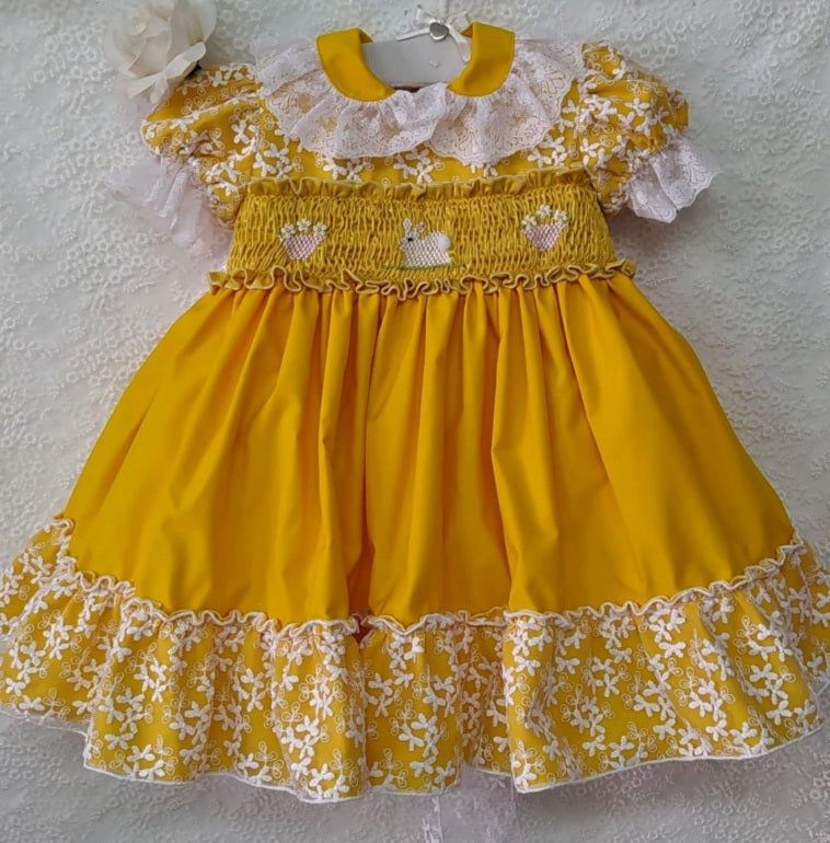 Sonata Girls Yellow Bunny Hand Smocked Dress - (Made to order)