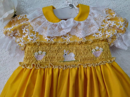 Sonata Girls Yellow Bunny Hand Smocked Dress - (Made to order)