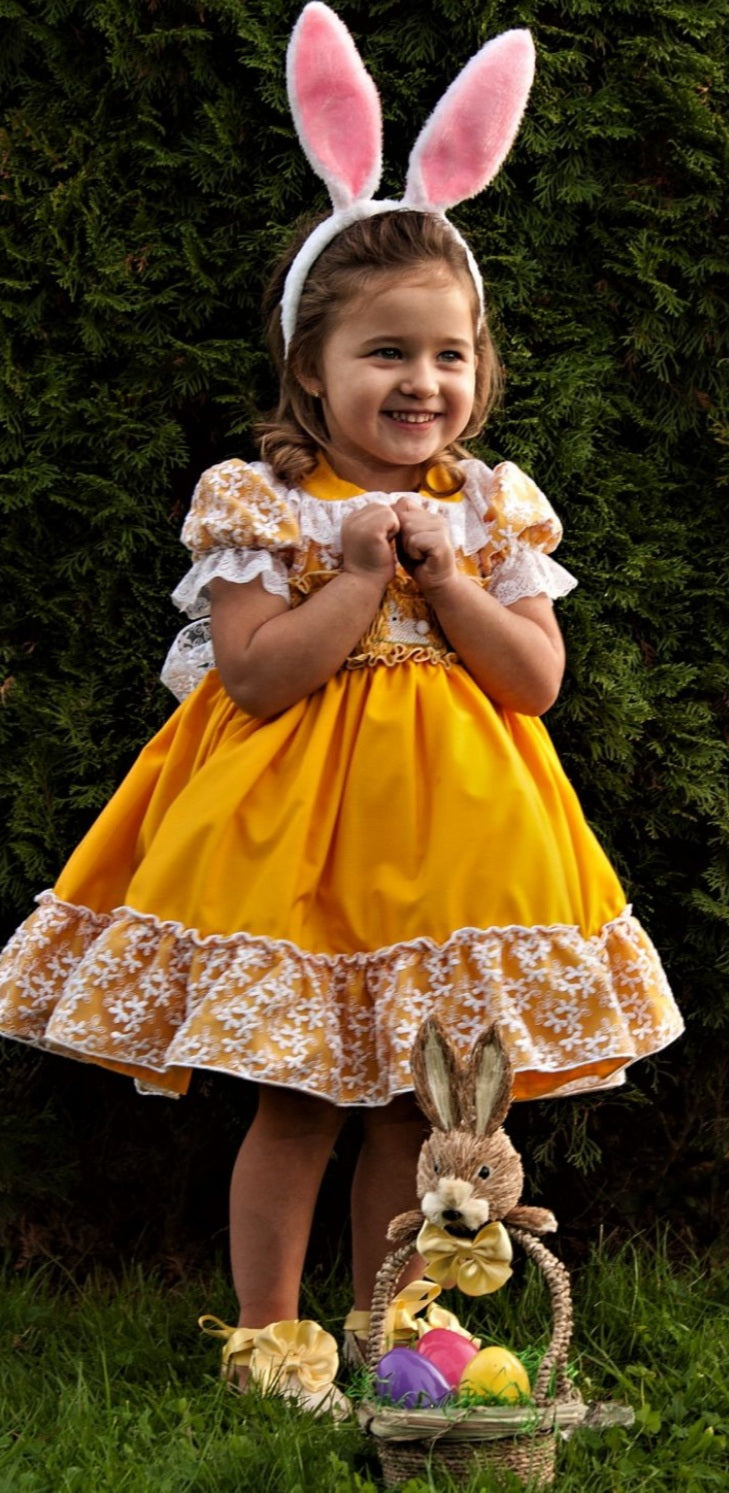 Sonata Girls Yellow Bunny Hand Smocked Dress - (Made to order)