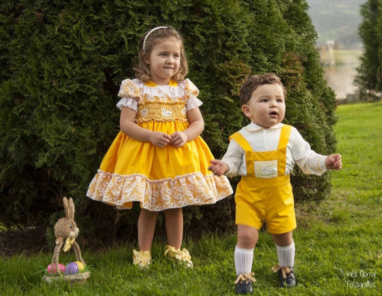 Sonata Girls Yellow Bunny Hand Smocked Dress - (Made to order)