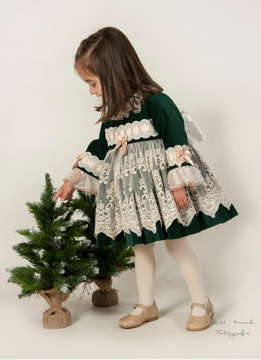 Sonata Green Velvet Puffball Dress (Made to order)