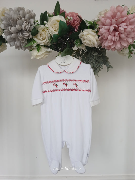 Velvet Candy Cane Christmas Smocked Babygrow