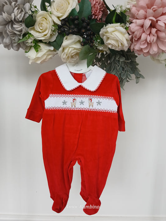 Velvet Reindeer Christmas Smocked Babygrow