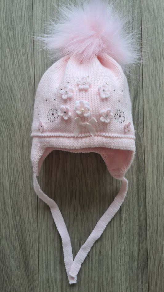 Pink Flower Pom Hat