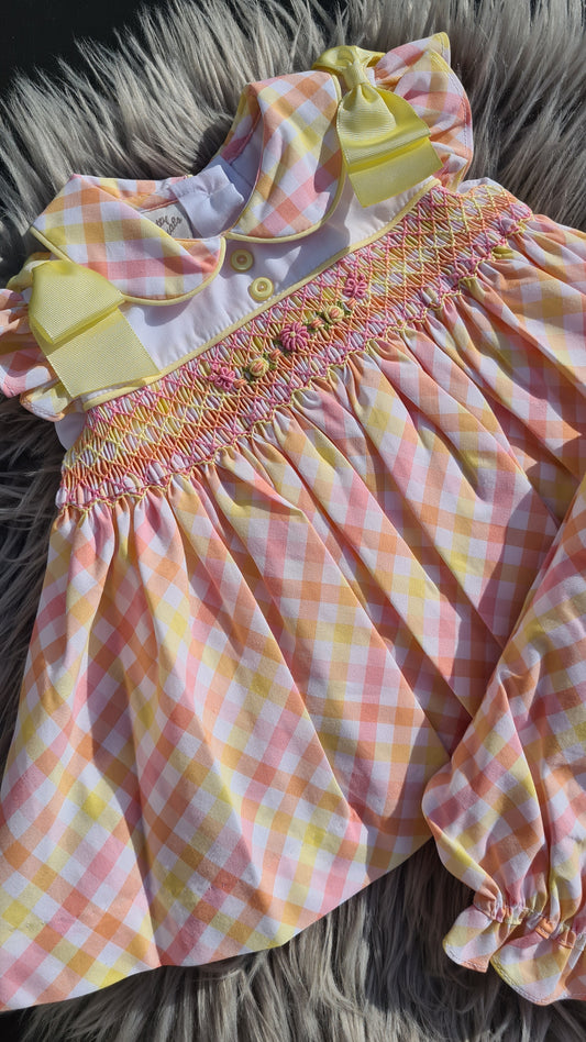 Girls Checked Hand Smocked Dress Set