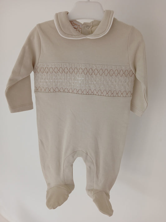 Baby Boys Smocked All In One Babygrow - Beige