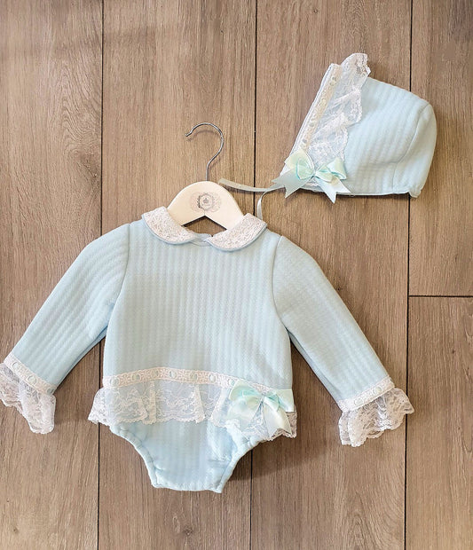 Baby Blue Girls Romper & Bonnet Set