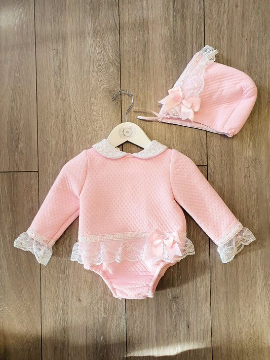 Pink Girls Romper & Bonnet Set