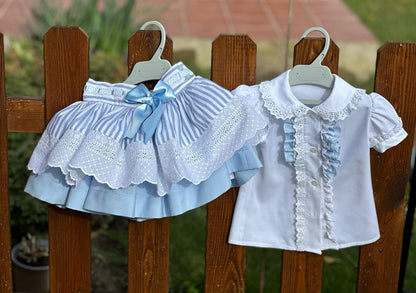 Girls Blue Skirt And Blouse Set (Made to order)