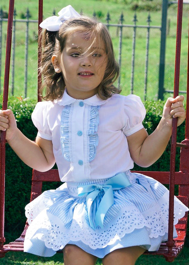 Girls Blue Skirt And Blouse Set (Made to order)