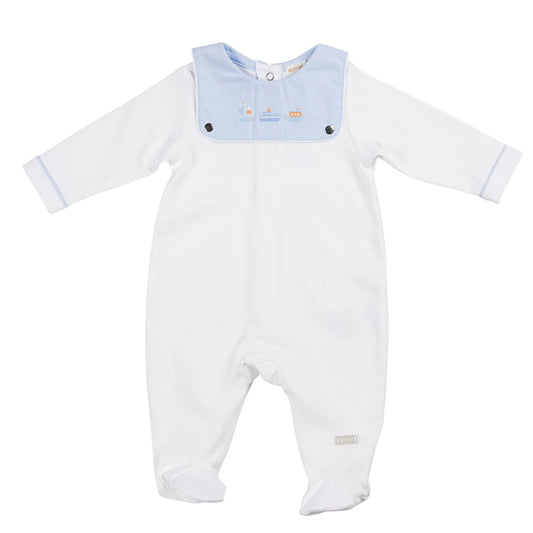 Baby Boys White/Blue Boats All In One Baby Grow -Pre Order