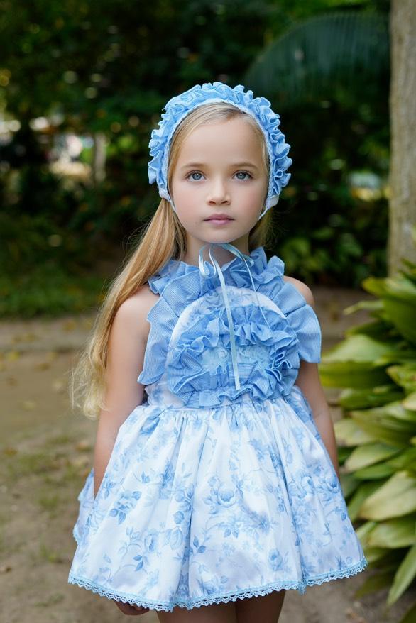 Ela Confeccion SS25 Girls Blue Floral Print Angele Pinny Puffball Dress & Knickers Set - (Made to order)