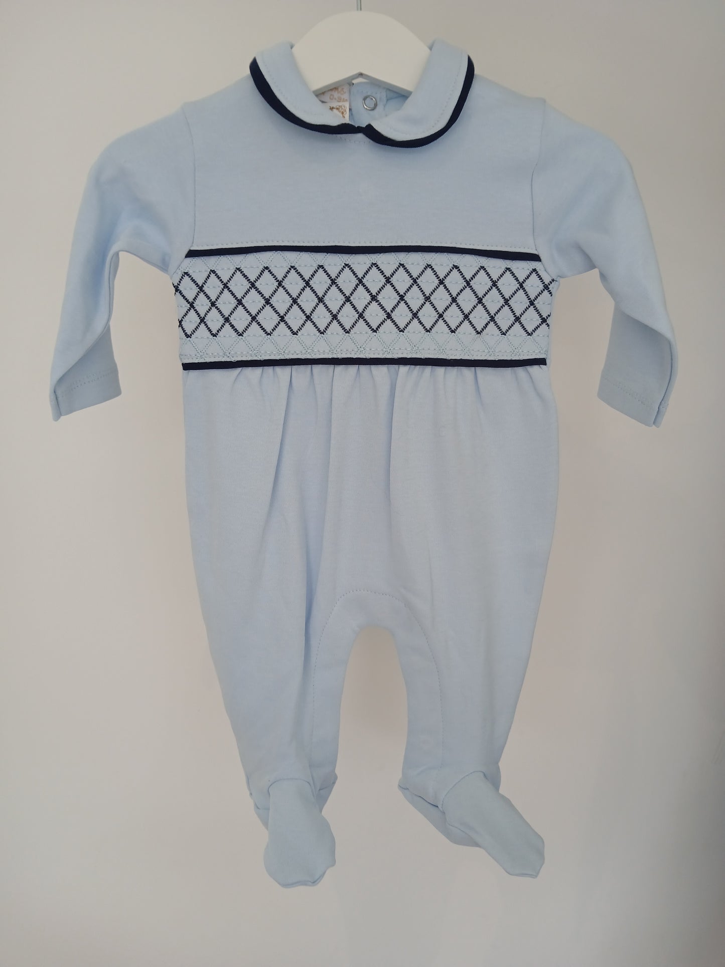 Baby Boys Smocked All In One Babygrow - Baby Blue