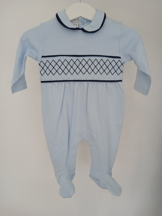 Baby Boys Smocked All In One Babygrow - Baby Blue