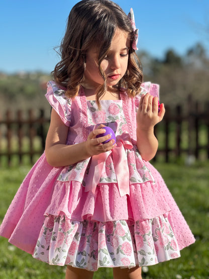 Sonata Pink Plumetti & Rose Ruffle Dress & Hair Bow - (Made To Order)