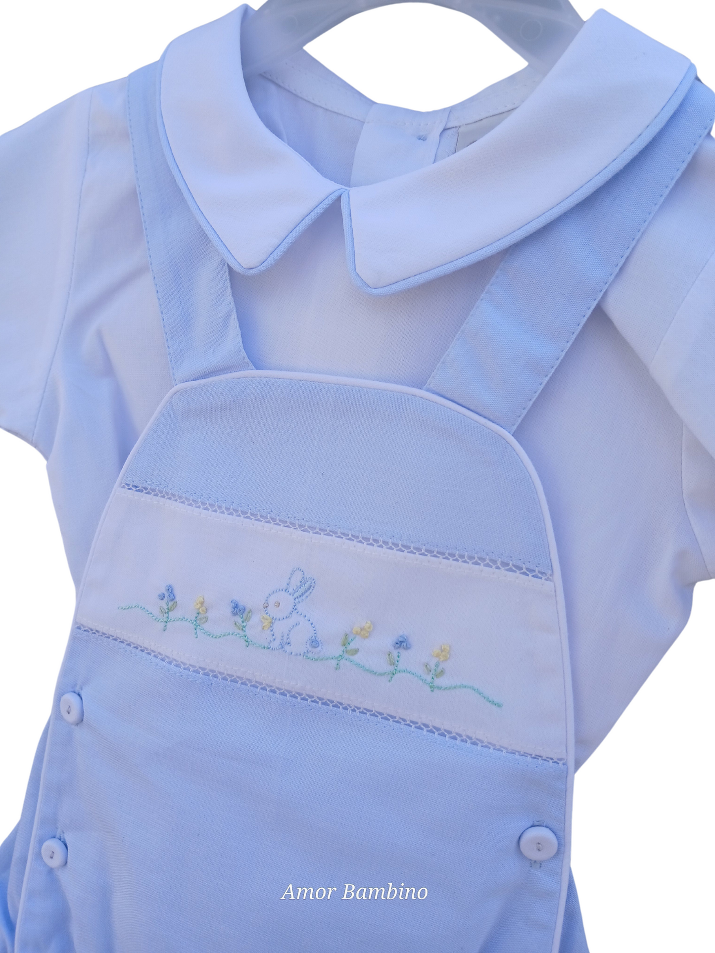 Boys Blue Bunny Embroidered Romper and Shirt Set with Hat