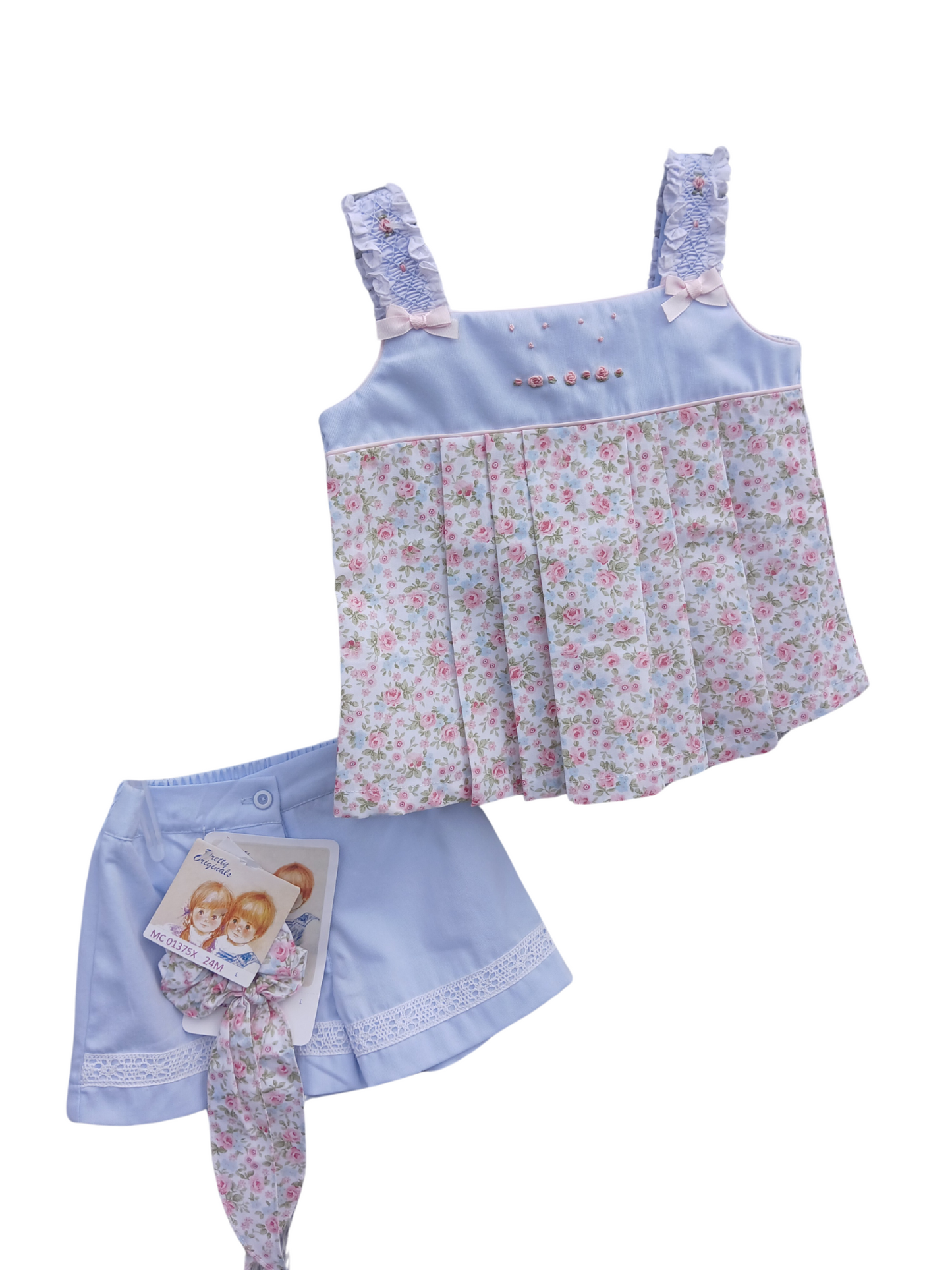 Girls Blue Floral Smocked Short Set