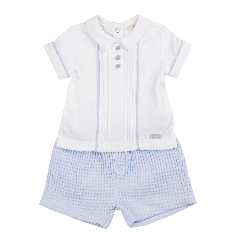 Baby Boys Blue & White Button Waffle Short Set