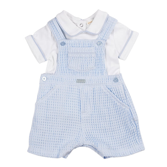 Baby Boys Blue & White Waffle Dungaree & Top Set