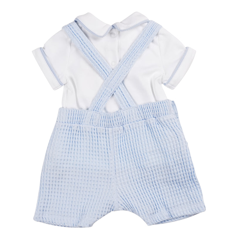 Baby Boys Blue & White Waffle Dungaree & Top Set