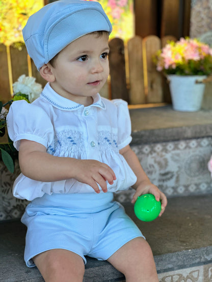 Boys Blue Handmade Smocked Shirt & Short Set - (Made To Order)