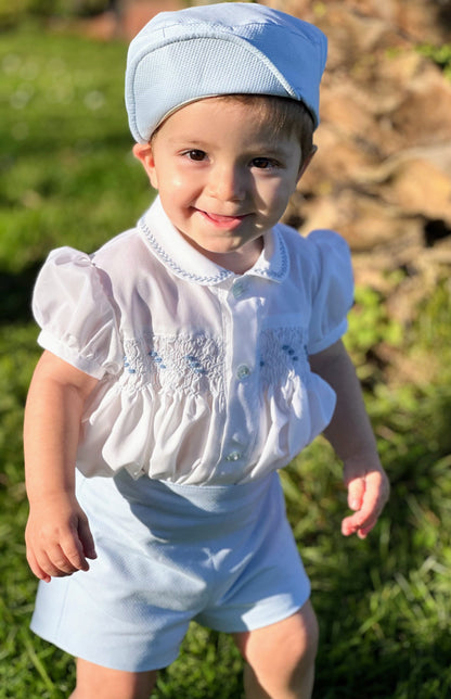 Boys Blue Handmade Smocked Shirt & Short Set - (Made To Order)