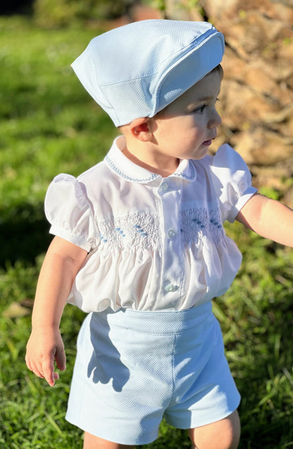 Boys Blue Handmade Smocked Shirt & Short Set - (Made To Order)