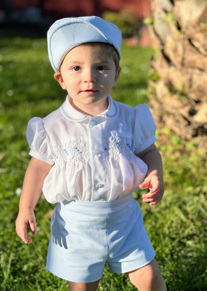 Boys Blue Handmade Smocked Shirt & Short Set - (Made To Order)