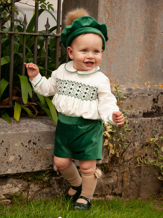 Sonata Boys Green Velvet H-Bar Smocked Set (Made to order)