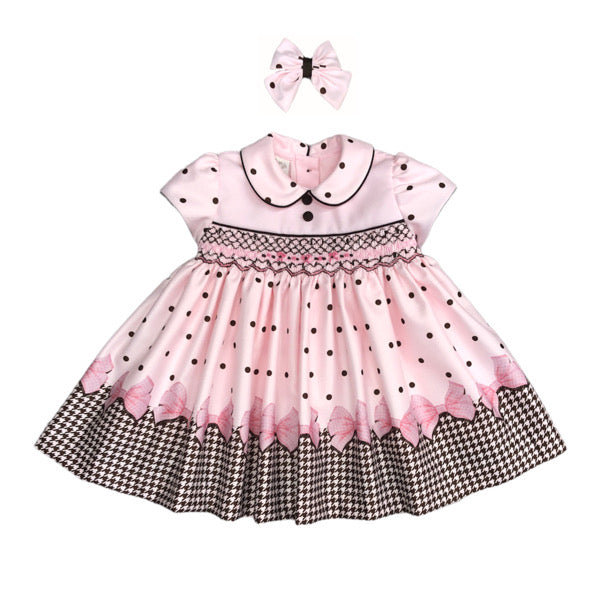 Girls Pink Bow Smocked Dress Set