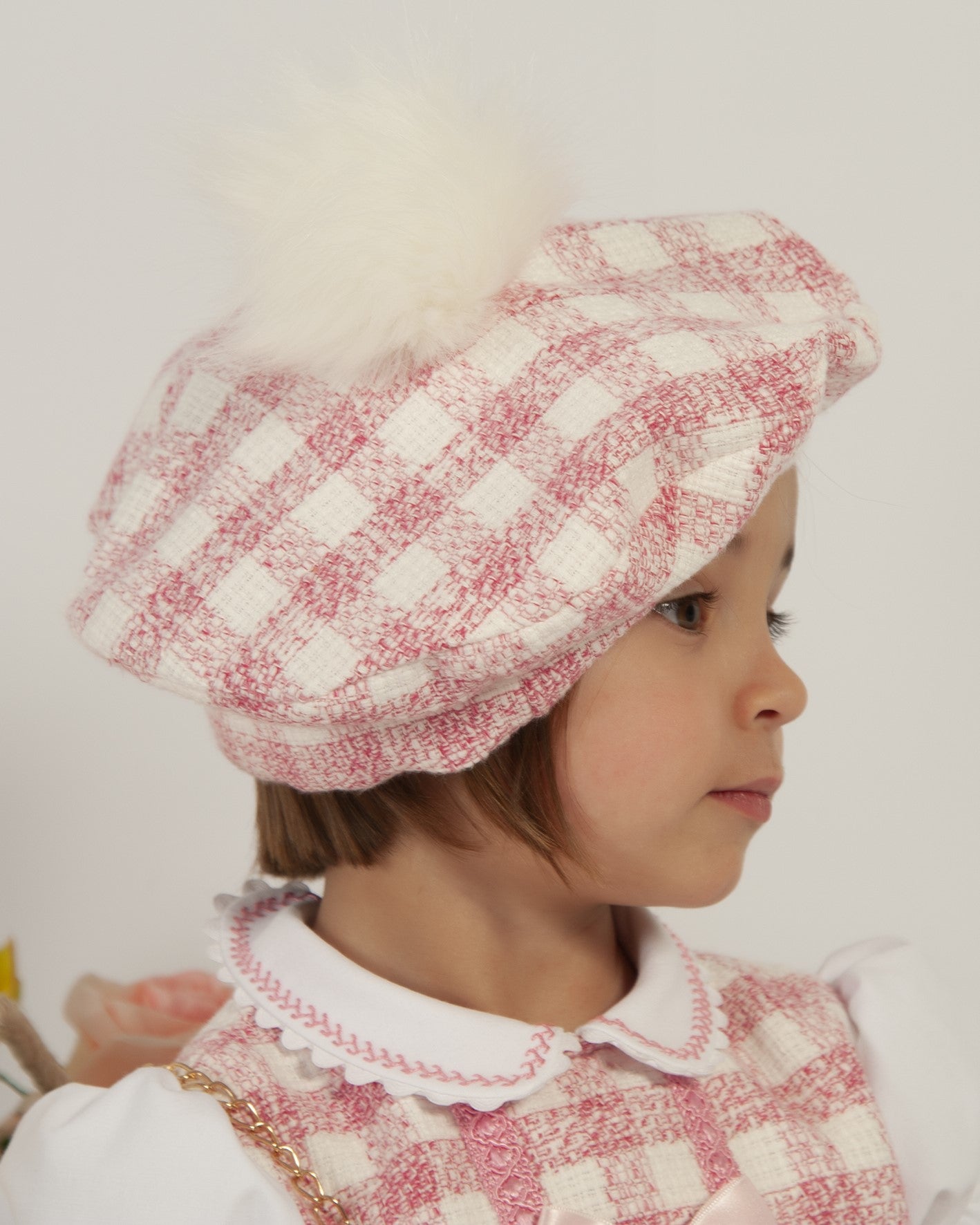 Sonata Girls Pink Gingham A-line Beret with Pompom - (Made to order)