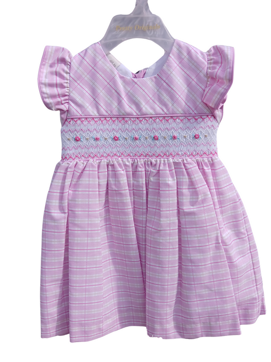 Girls Pink Checked Smocked Dress