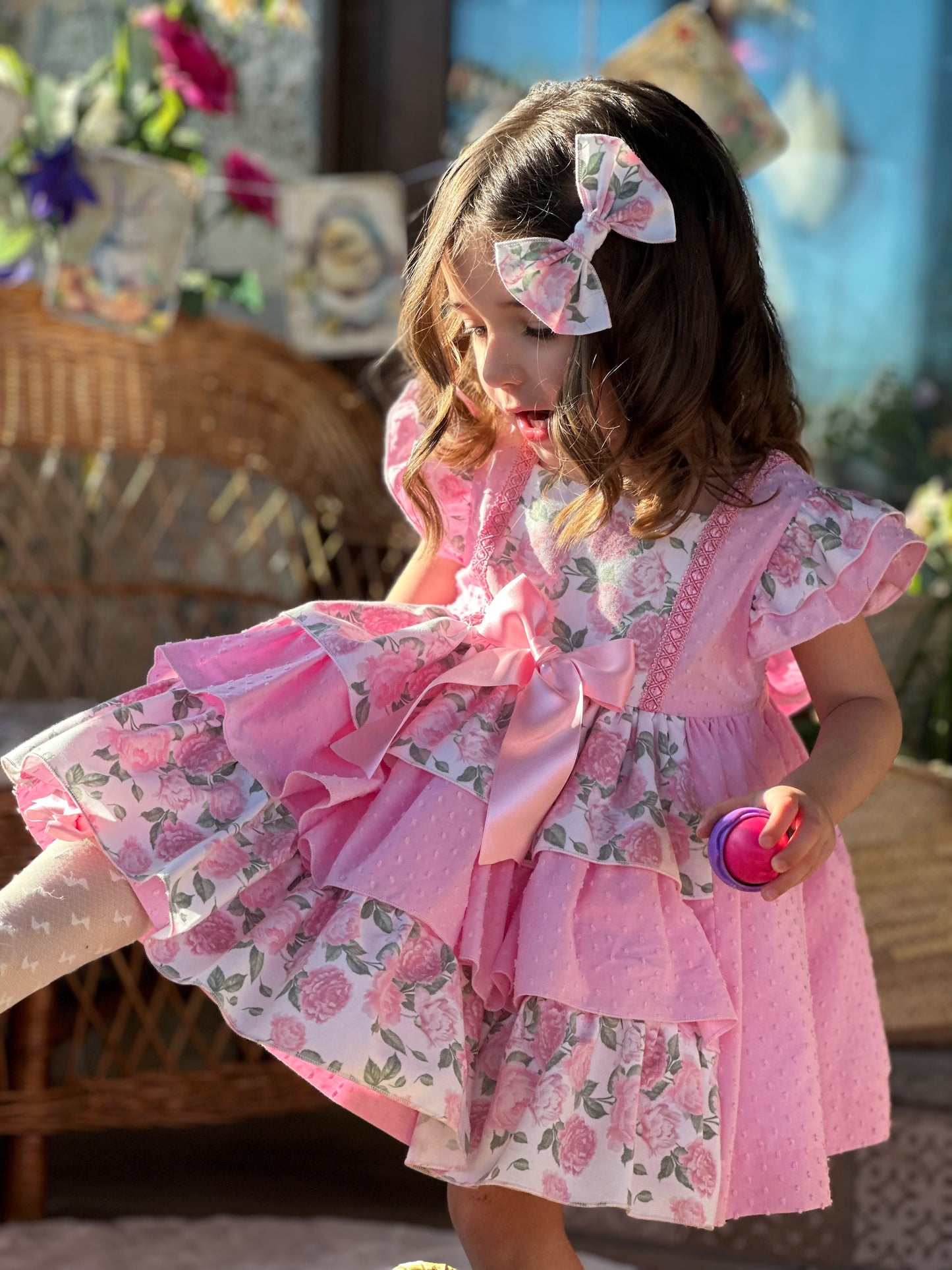 Sonata Pink Plumetti & Rose Ruffle Dress & Hair Bow - (Made To Order)