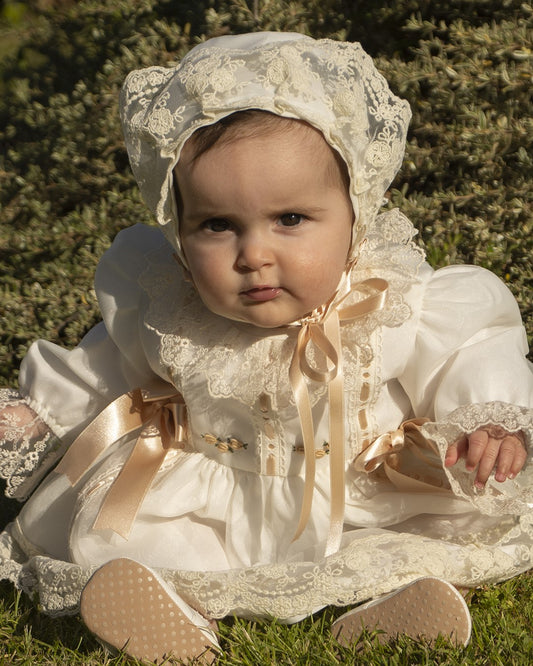 Cream Embroidered Puffball Dress, Knickers & Bonnet (Made to order)