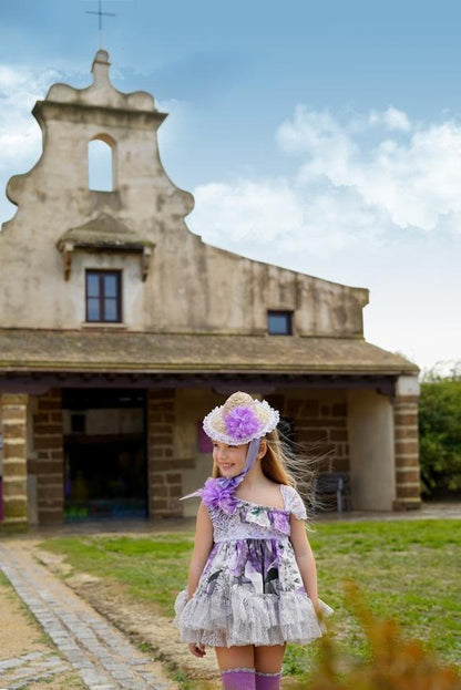 Ela Confeccion SS25 Girls Purple Floral Handmade Puffball Dress & Knickers Set - (Made to order)