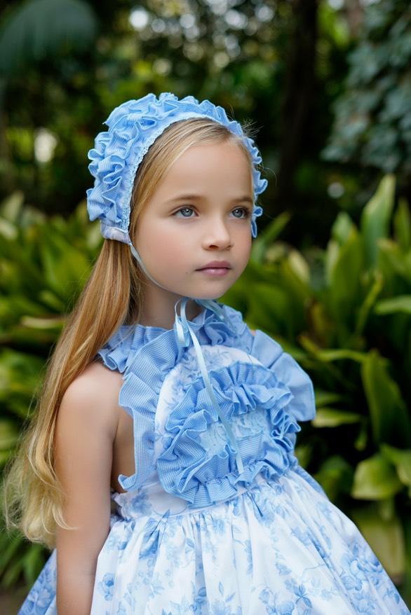 Ela Confeccion SS25 Girls Blue Floral Print Angele Pinny Puffball Dress & Knickers Set - (Made to order)