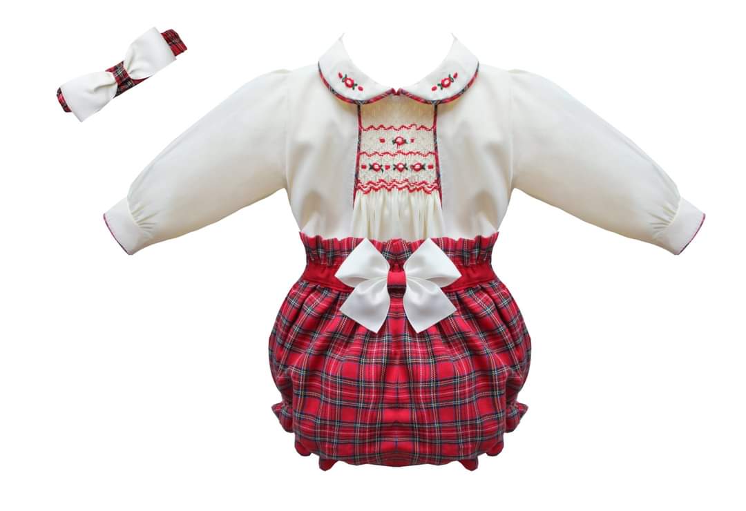 Girls Smocked Tartan Jam Pant Set