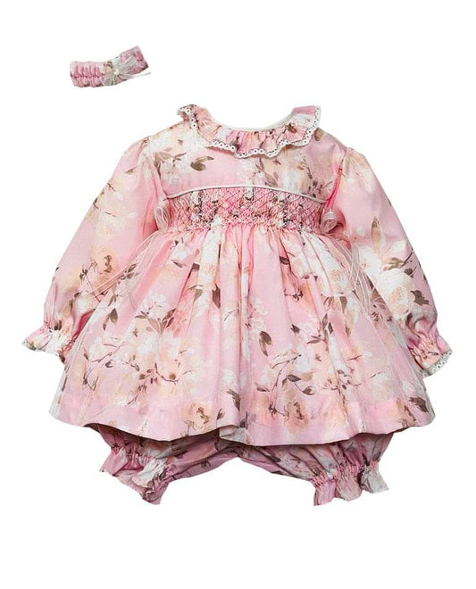 Pink Cream Flower Smocked Dress Set