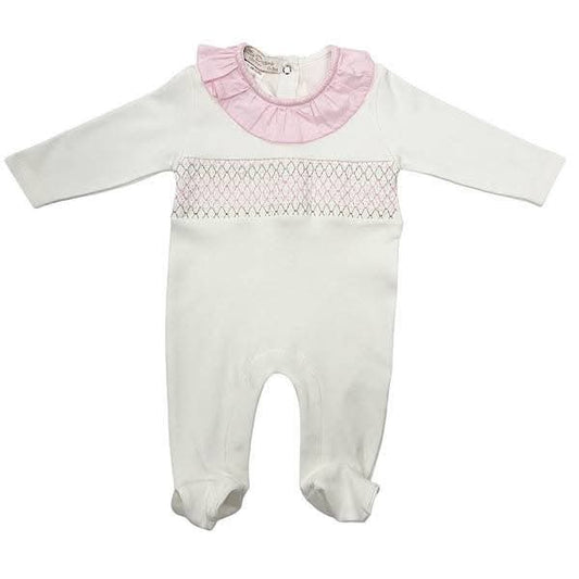 Baby Girls Smocked All In One Babygrow - Ivory/Pink