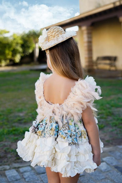 Ela Confeccion SS25 Girls Blanca Handmade Feather Puffball Dress & Knickers Set - (Made to order)